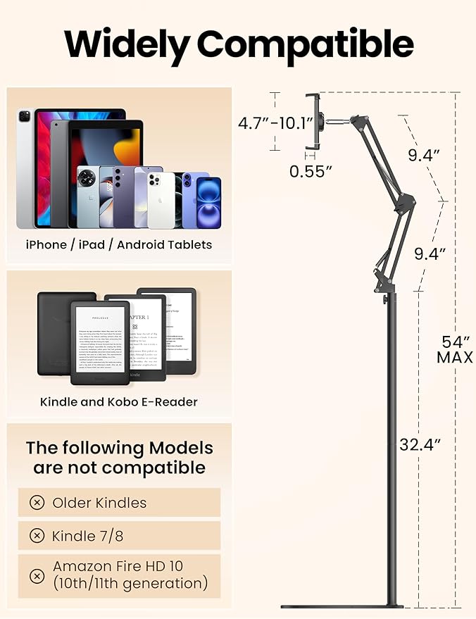 Kindle Floor Stand Holder with Remote Page Turner for Reading in Bed, Adjustable Tablet Mount with Clicker, Kindle Accessories Tablet Stand Holder for Kindles Tablets iPhones 4.7-12.9 inch(Black)