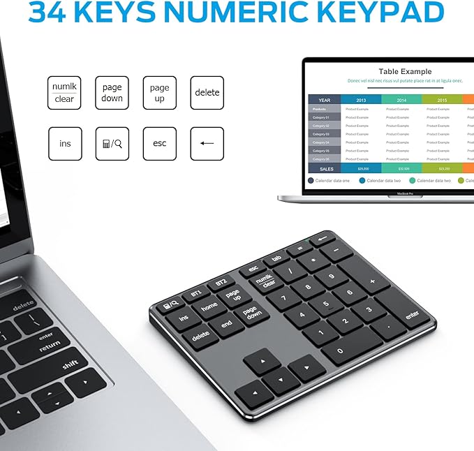 iClever Number Pad, Aluminum Wireless Number Pad for Multi Devices, USB-C Rechargeable, External 34-Keys Bluetooth Keyboard for Data Entry, Compatible for Laptop, Mac, iMac, Tablet, PC Desktop