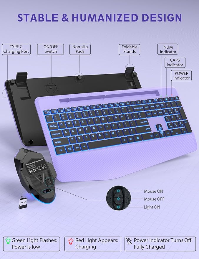 Wireless Keyboard and Mouse Backlits, Wrist Rest, LED Mouse, Rechargeable Ergonomic Keyboard with Phone Holder, Silent Light Up Combo for Computer, Mac, PC, Laptop, Chromebook (Purple)