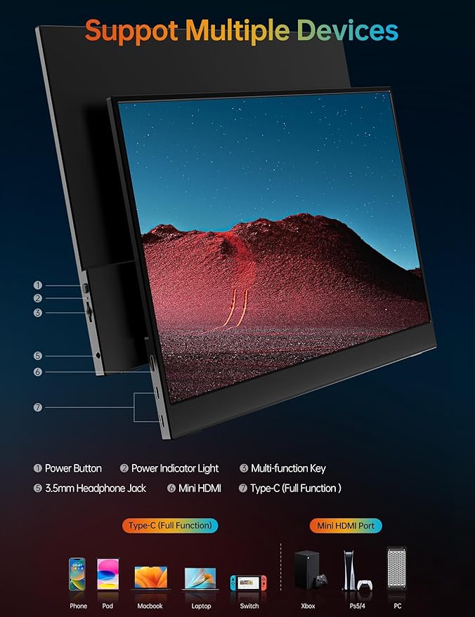 VILVA Portable-Monitor-for-Laptop - 15.6'' 1080P FHD IPS Display USB-C HDMI Portable Monitor for Laptop with Cover and Speakers External Monitor for Laptop/PC/Mac/Phone/Xbox Switch/PS4/