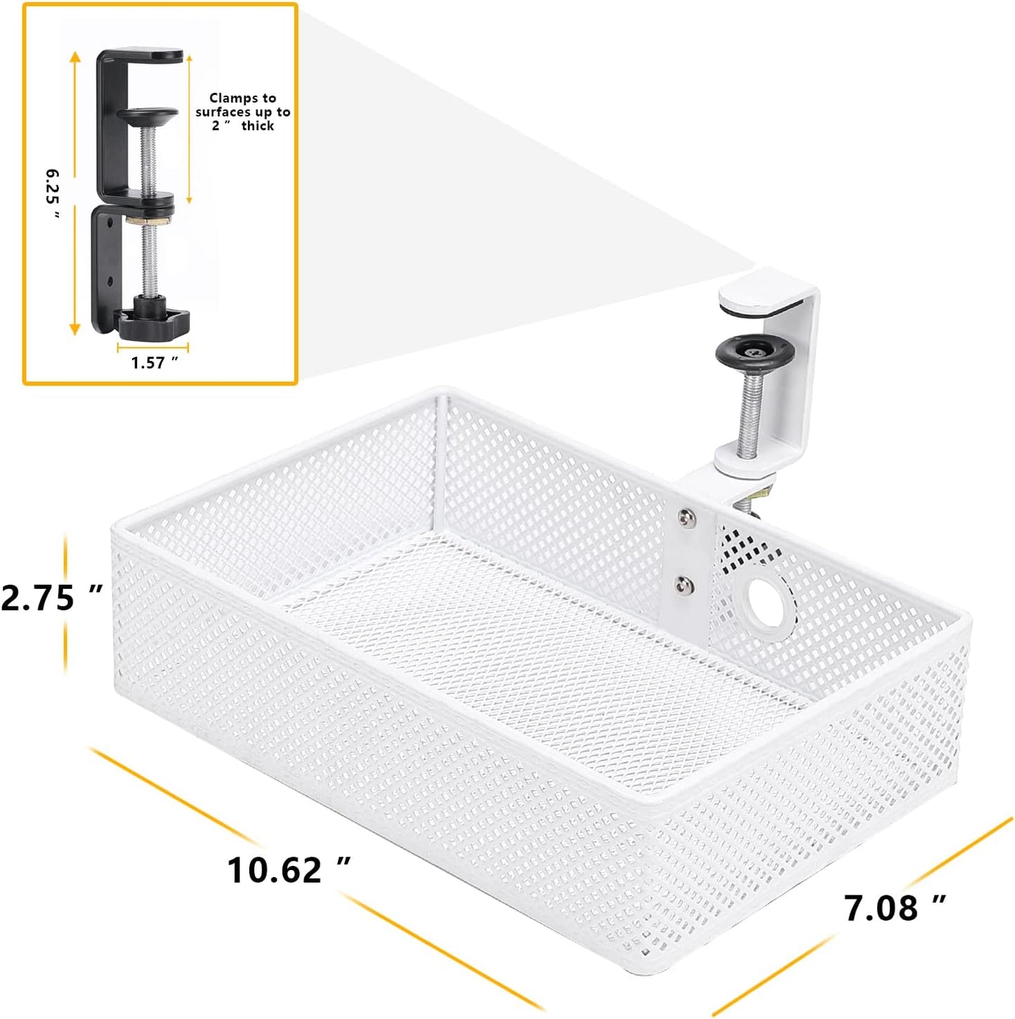 Mesh Desk Organizer and Clamp-on Swivel Pencil Drawer, Desk Hidden Desk Organizer Extra Sturdy C-Clamp Mount System and Easy to Instal, Home Office Art Supply Storage Box (White)