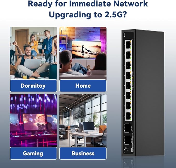 10 Port 2.5Gb Unmanaged Ethernet Switch with 8* 2.5G Base-T Ports, 2*10G SFP Ports, AUMOX PRO 80 Gbps Vlan Switching Capacity Compatible with 100/1000/2500Mbps Plug and Play