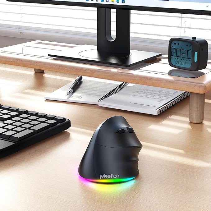 MEETION Ergonomic Mouse, Wireless Vertical Mouse RGB Backlit Rechargeable Mice for Bluetooth(5.2 + 3.0) & USB-A with USB-C Adapter 4 Adjustable DPI for Mac/Windows/Andriod/PC/Tablet/iPad Black