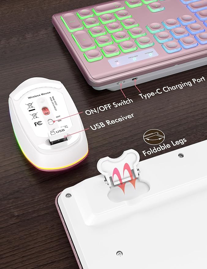 Wireless Keyboard and Mouse Combo - RGB Backlit, Rechargeable & Light Up Letters, Full-Size, Ergonomic Tilt Angle, Sleep Mode, 2.4GHz Quiet Keyboard Mouse for Mac, Windows, Laptop, PC, Trueque, Rose