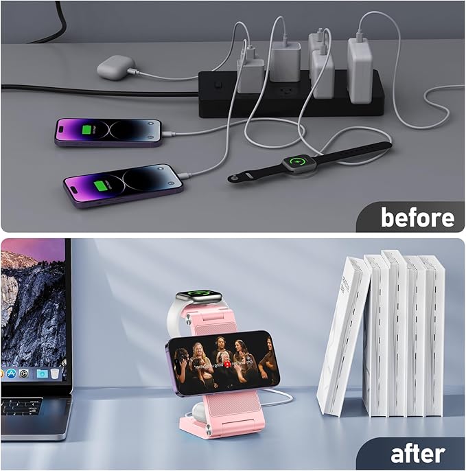 Magnetic Wireless Charger Stand, 3 in 1 Foldable Wireless Charging Station, Travel Charger for Multiple Devices for iPhone 16 15 14 13 12 Series, Apple Watch Ultra/SE/9/8/7/6/5/4/3/2, AirPods