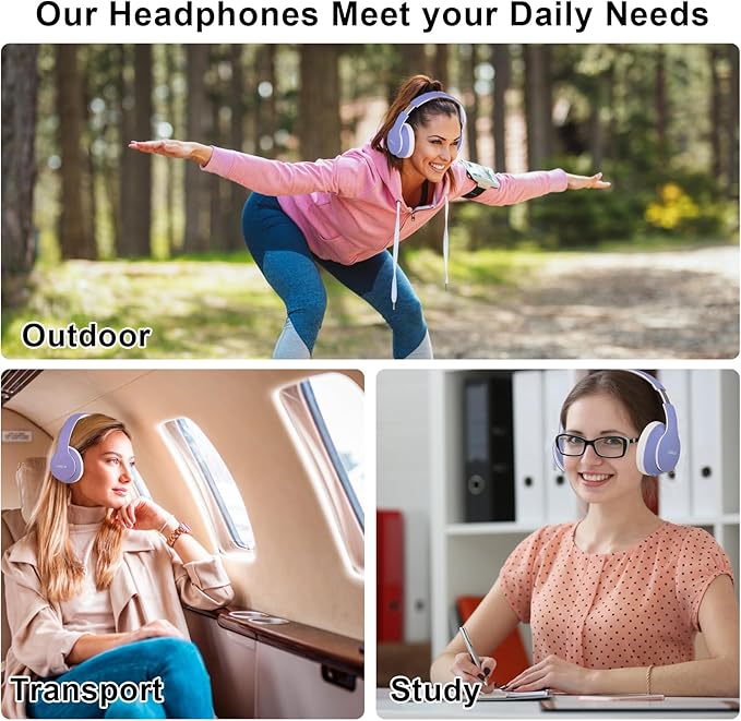 JOMILIN B9 Wireless Headphones Over-Ear, 60 Hours Playtime Lightweight Folding Hi-fi Stereo Bass Bluetooth Headset with Mic, Volume Control Headphones for iPad/Travel/Tablet/PC (Purple)