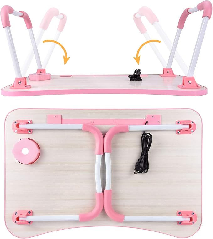 Slendor Lap Desk with Cup Holder, Foldable Laptop Table for Bed, Portable Bed Desk for Laptop and Writing, Computer Tray with Tablet Slot, Notebook Stand Reading Holder for Couch Sofa Floor,Pink