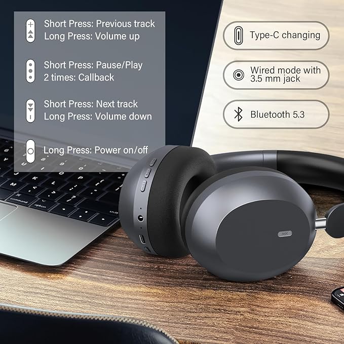 Y05 Bluetooth Headphones Wireless Over Ear with Microphone 48 Hours Playtime, High Sound Quality Foldable Soft Earpads Earphones for Travel - Space Grey