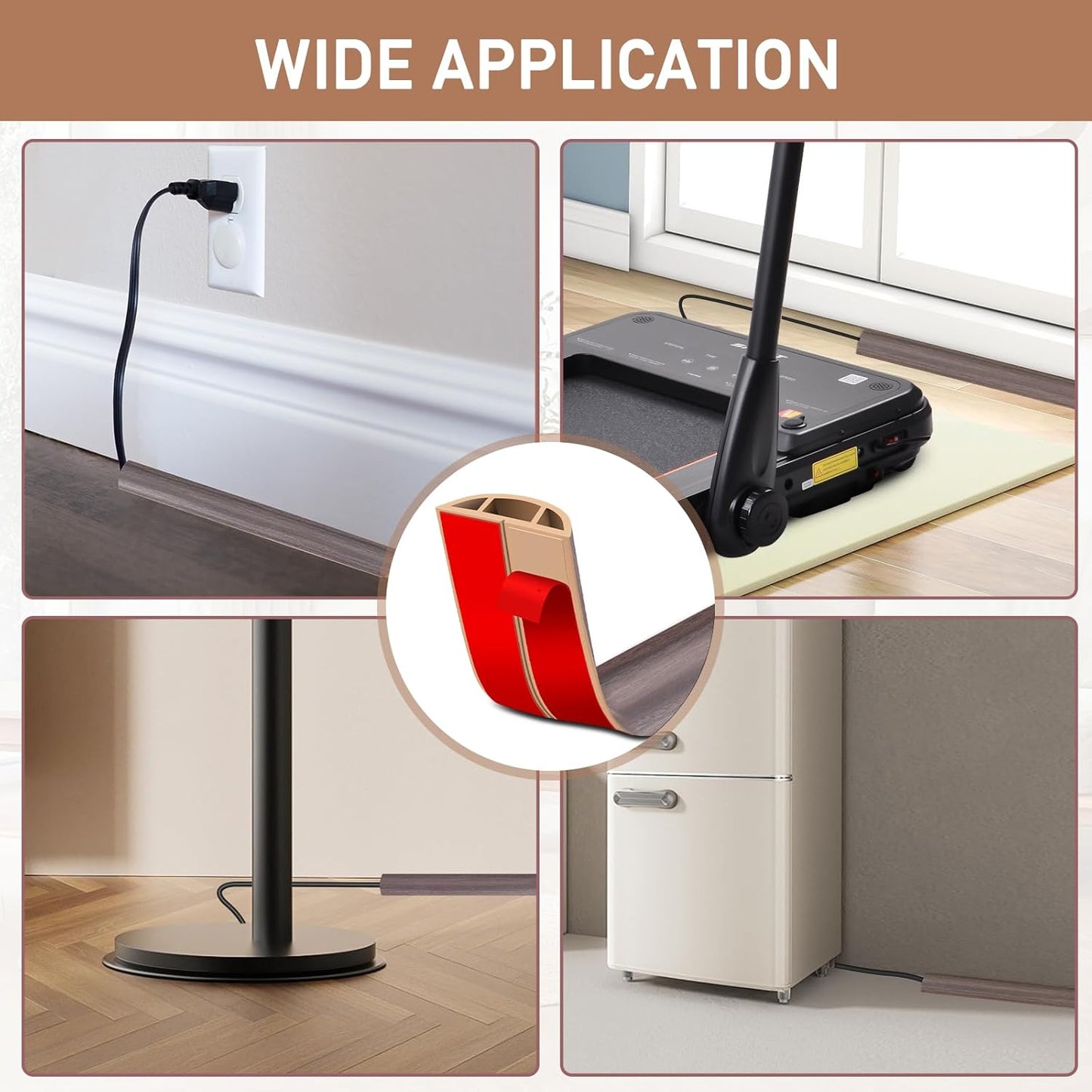 Floor Cord Cover Self Adhesive Cord Hider Floor Extension Cord Covers for Floor Power Cord Protector Cable Management Prevent Cable Trips Cable Cavity 0.51" W x 0.31" H (Brown Walnut Wood, 20Ft)