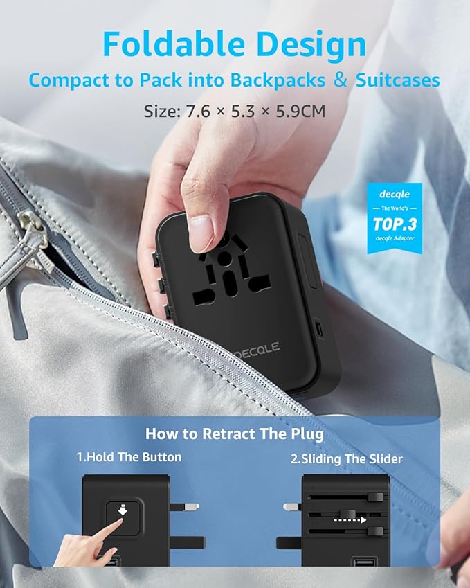 Universal Travel Adapter, International Travel Plug Adapter with 3 USB-C & 2 USB-A Ports(Total 30W), All in One Portable Adaptor, for USA, UK, EU, AU & 224+ Countries (Black)