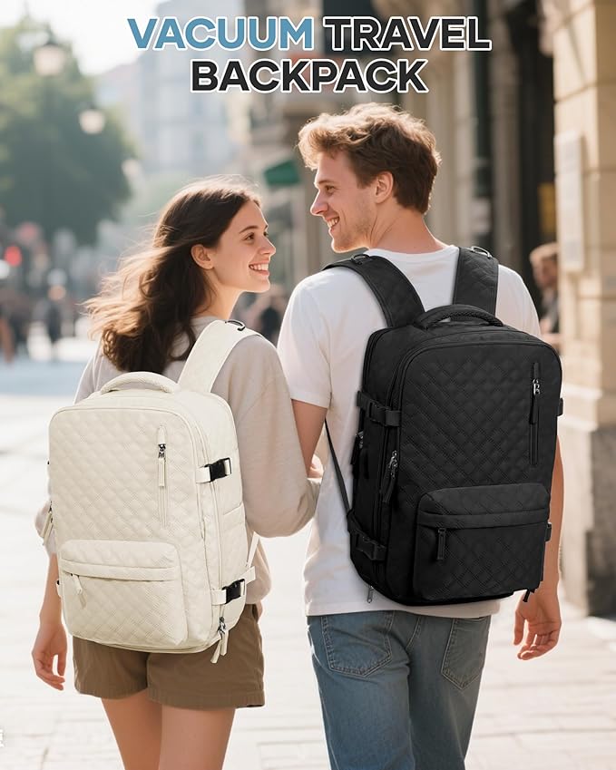 Vacuum Travel Backpack with Pump for Women, Personal Item Carry on Backpacks Flight Approved 18x14x8 inches for Men,Laptop Waterproof Work Compression bags Casual Daypack Black.