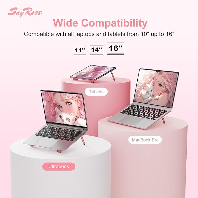 SayRose Portable Laptop Stand for Desk, Aluminum Ergonomic Computer Stand Foldable Compact Laptop Riser for Gaming, Travel, Desk Accessories Gifts for Women