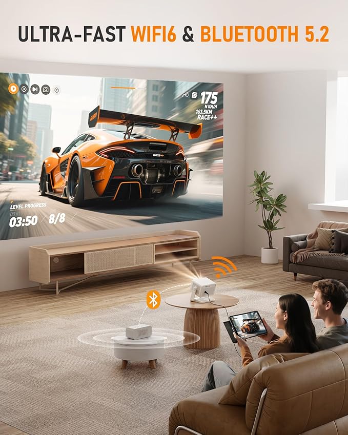 【Netflix Licensed & Auto focus Projector】VISSPL Smart Projector with WiFi and Bluetooth, Auto Focus & Keystone Protable Mini Projector with Stand, 4K Netflix Home Theater Projector