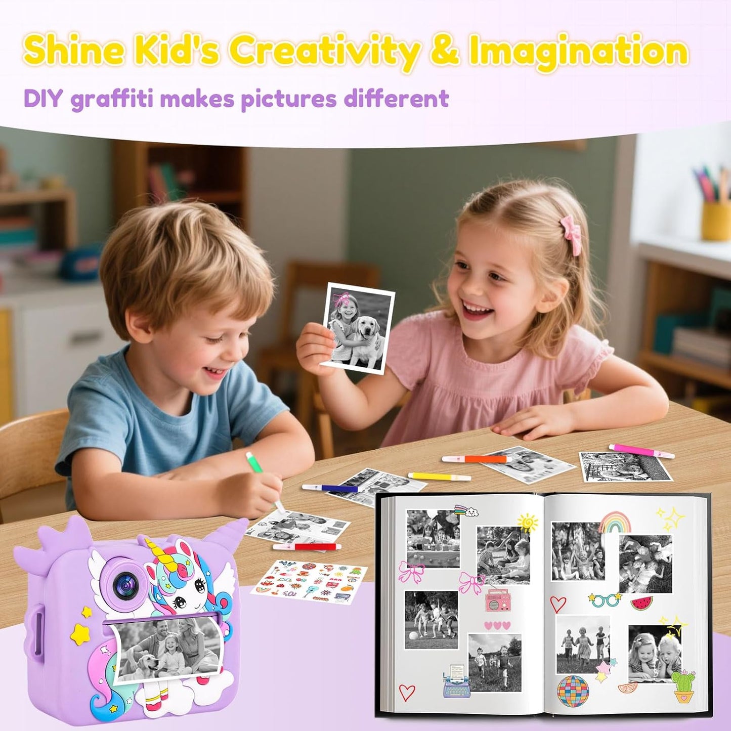 OTJ Kids Camera Instant Print - Selfie Children Digital Camera Toy That Print Photos Christmas Birthday Gifts for Ages 3-12, 4 5 6 7 8 9 10 Year Old Girls Toddler, Travel Portable Video Cameras