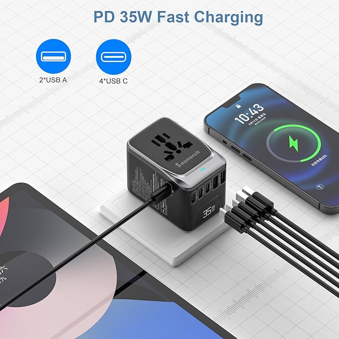 Universal Travel Adapter, PD 35W 7 in 1 International Power Plug Adapter with 7.0A 4 USB-C and 2 USB-A Fast Wall Charger, Worldwide AC Outlet for US Europe UK AUS (Black+Silver)