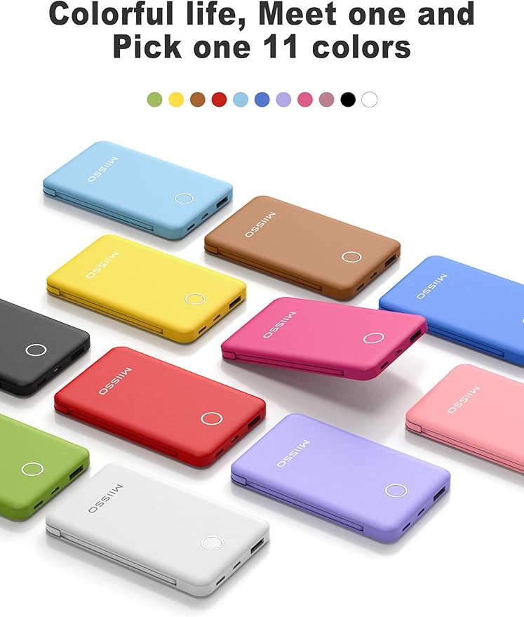 miisso 6000mah Ultra Slim Built in Cables Power Bank, Card Size Built in USB C Cords Battery Pack Portable Charger for Phones, 3 Output External Battery Pack Compatible with iPhone, Samsung, Pink