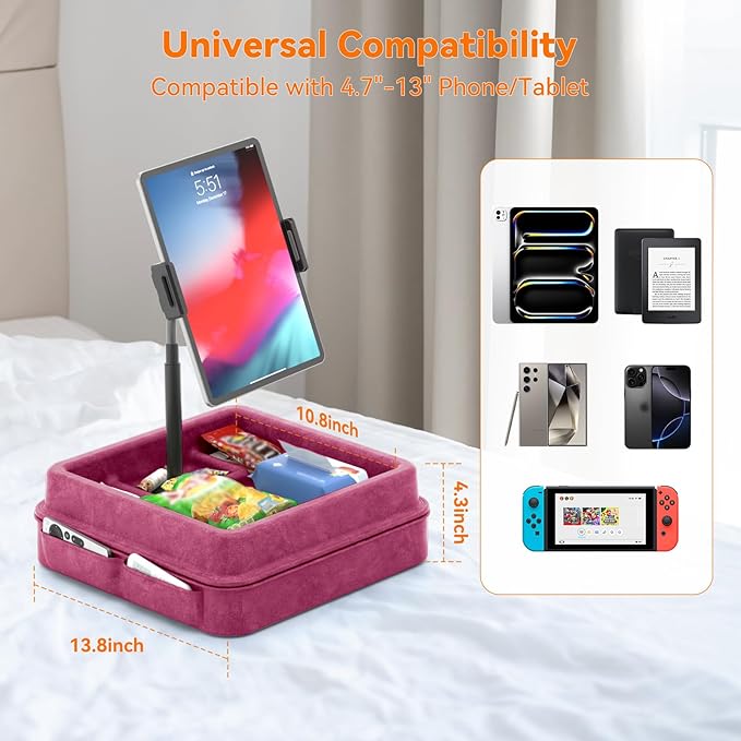 KDD Tablet Pillow Holder - 360°Adjustable iPad Pillow Stand for Lap, Bed and Desk - Gooseneck Tablet Soft Pad Dock with Storage Tray and Pocket Compatible with iPad Pro 12.9, Air Mini, Phone,(Purple)