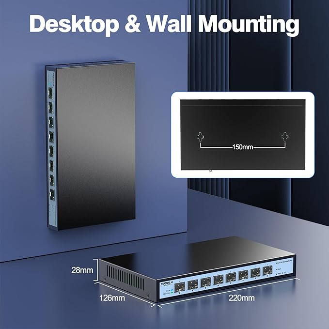 8 Port 10G Web Managed Switch, 8X10G SFP+ Ports, Link Aggregation/QoS/VLAN/IGMP, Wall Mounted Fanless 10Gb Multi-gig Network Switch(SFP Ports Only