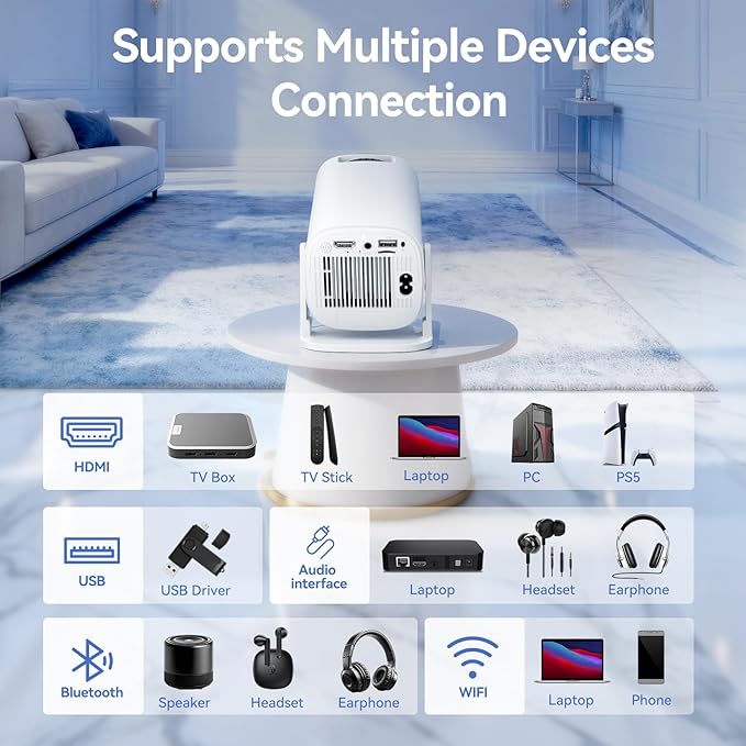 Mini Projector with WiFi 6 and Bluetooth 5.0, Portable Projector 4K support with Android14 System, 210° Rotation, Auto Vertical Keystone Smart Proyector for Home Theater, Business Presentation, Gaming