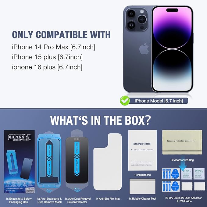 2-Pack Matte Privacy Screen Protector for iPhone 14 Pro Max/iPhone 15 Plus/iPhone 16 Plus, Anti-Glare Display Filter, No Bubbles, High Definition Clear, Easy Installation