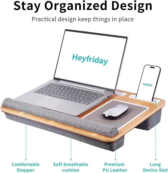 Home Office Lap Desk with Wrist Rest Wrist Rest, Mouse Pad, and Phone Holder Large Laptop Bed Desk for Notebook, Laptop, Tablet, Lap Stand Fits Up to 17 Inch Laptops (Woodgrain)