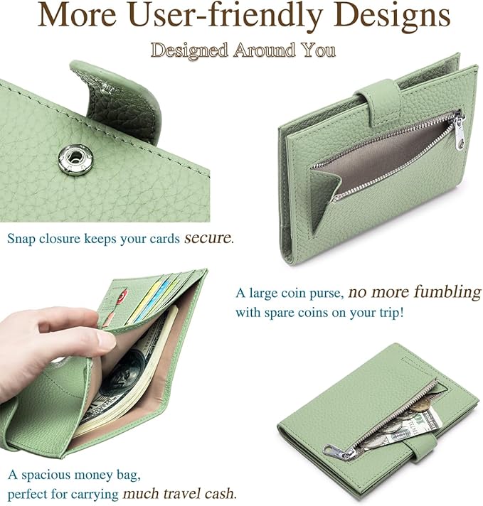 Leather Passport Holder for Travel Women – RFID Blocking Passport Wallet with 1 Passport Slot & 3 Card Slots, Coin Pocket & SIM Slot – Slim Genuine Leather Travel Organizer (Light Green)