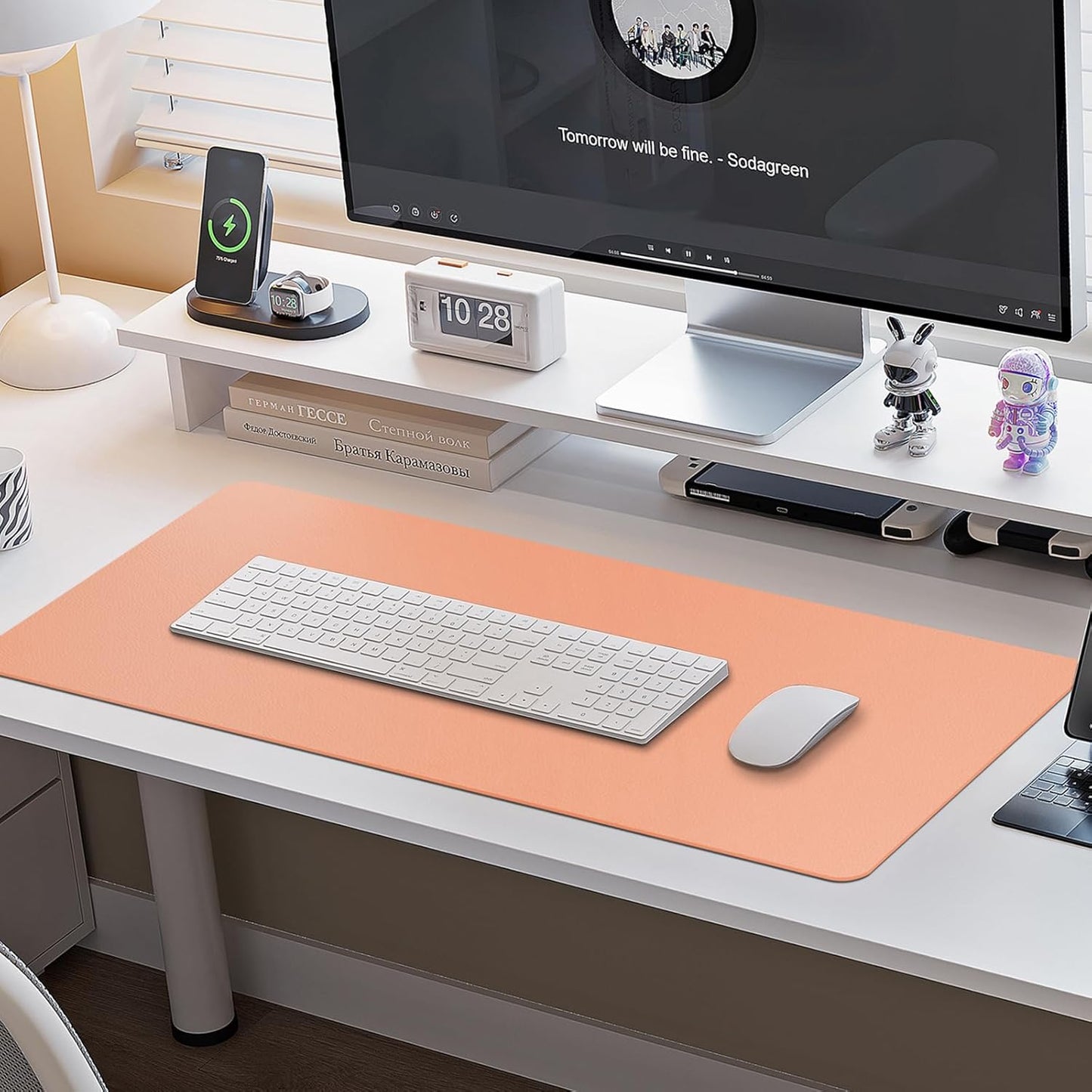 Boutilon Leather Desk Pad Protector,Non-Slip Mouse Pad,Laptop Desk Pad,Office Mouse Mat,Waterproof Leather Desk Blotter,Desk Writing Pad for Office and Home (L-Orange Pink,35"x 17")