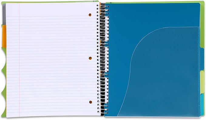 Mintra Office Durable Premium Spiral Notebook, ((Green, 5 Subject, 8.5in x 11in)), Fabric Covered Coils, No Snags, Removable Adjustable Pocket Dividers, Ruler, Organization, Customizable