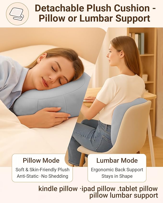 Kindle Pillow Stand for Bed, Adjustable Tablet & Phone Holder for iPad, Kindle, Couch – Snack & Drink Holders, 50 Disposable Liners & Washable Pillow Cover (Grey)