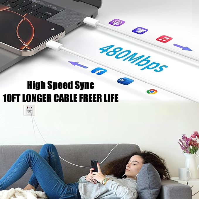 iPhone 17 16 Charger,4-Port USB C Charger Block Fast Charging 2Pack 40W Wall Charger with 10FT USB C to C Woven Braid Cable Cord for iPhone 17 Pro Max/17 Pro/17/Air/16e/16 Pro Max/16 Plus/15/iPad