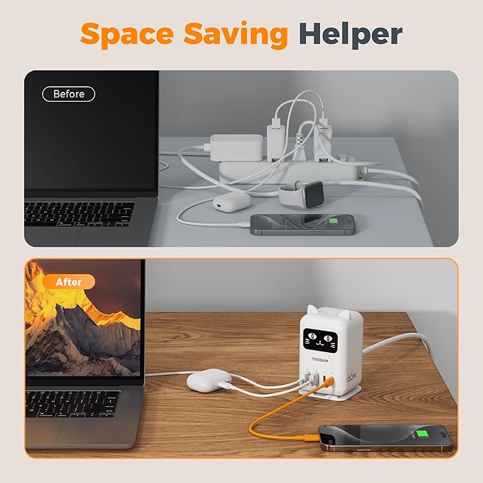 USB C Charger Blcok PD 65W, TESSAN Charging Station for Multiple Devices, Desktop Tower Charger with 4 USB Ports for iPhone 16/15, MacBook, Tablet, Office Home Dormroom