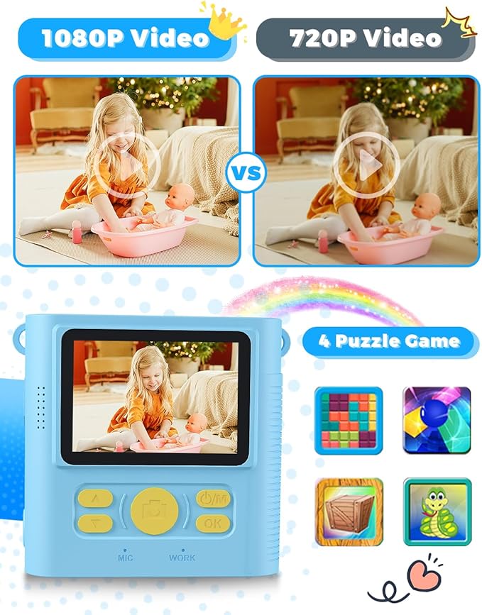 Instant Print Camera for Kids, 1080P HD Kids Digital Cameras Instant Print Photos with 32GB SD Card, Christmas Birthday Gifts for 3 4 5 6 7 8 9 10 11 12 Year Old Girls Boys