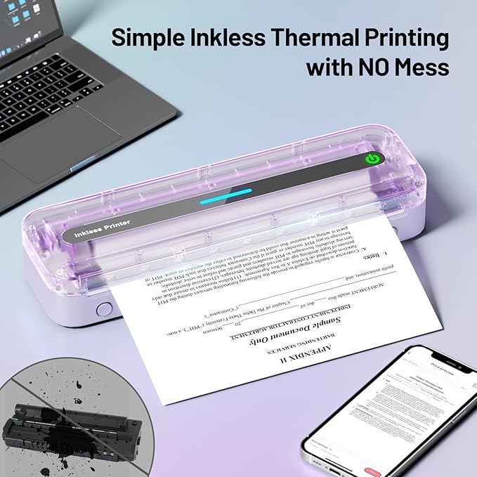 Itari M832 Portable Printer for Travel with Case and 4 Rolls Paper, Inkless Thermal Printer, Support 8.5" x 11" A4 & US Letter, Wireless Compatible with iPhone, Android, Laptop, Purple