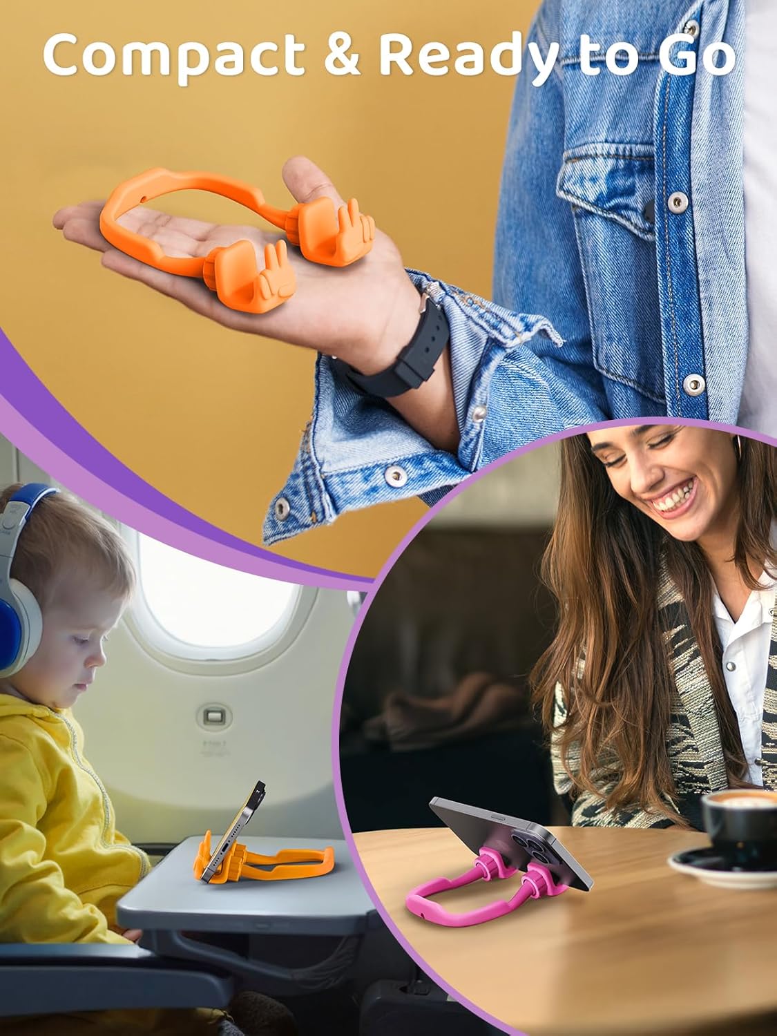 Stocking Stuffers for Teens Girls Boys Kids Cell Phone Stand: 2 Pack Upgrade Adjustable Peace Sign Thumbs Lazy Phone Holder for Desk Gadget Birthday Gifts for Women Men Adults (Hot Pink&Orange Yellow)