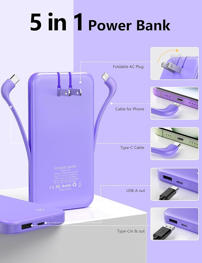 Alongza Portable Charger Built-in Cables and AC Wall Plug, Slim Fast Charging Power Bank 10000mAh, Lightweight USB C External Battery Pack Compact Travel Cell Phone Charger