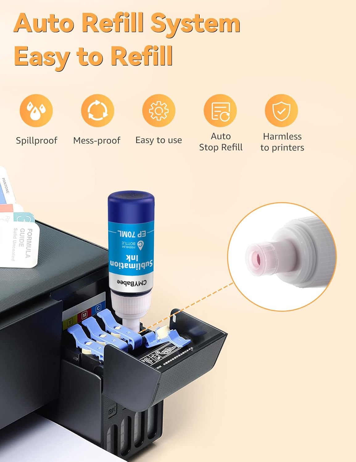 CMYBabee Sublimation Ink Refill Bottles Compatible for Epson Printers ET2800 ET15000 ET8550 ET2400 ET4800 ET2850 ET2803 ET3830 ET3850 ET4850 Heat Press Transfer on Mugs T-Shirts(4 Pack)