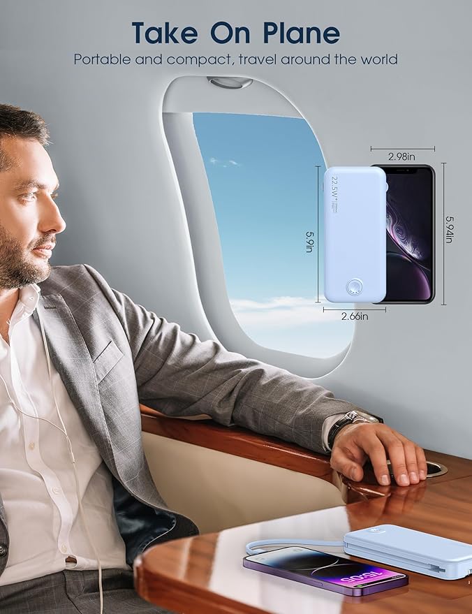 Portable Charger with Built in Cable and AC Wall Plug, USB C Power Bank 12000mAh 22.5W Super Fast Charging, Lightweight Portable Phone Charger Travel Battery Pack for iPhone, ect (Light Blue)