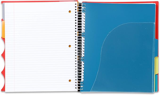 Mintra Office Durable PREMIUM Spiral Notebook, ((Red, 5 Subject, 8.5in x 11in)), Fabric Covered Coils, No Snags, Removable Adjustable Pocket Dividers, Ruler, Organization, Customizable