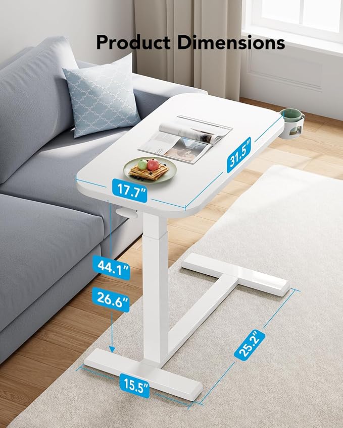 HUANUO Bedside Table with Wheels, Height-Adjustable Rolling Computer Cart, Overbed Table with Cup Holder, Pneumatic Laptop Standing Desk for Home Office, White (31.5" x 17.7")