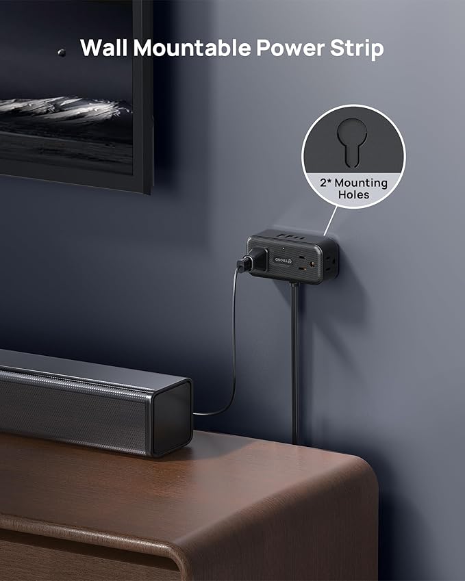 TROND 360° Rotating Flat Plug Power Strip, 10FT Extension Cord with 4 USB Ports, 4 Wide Spaced AC Outlets, Wall Mount, 900J Surge Protector for Office Travel Dorm Room Essentials, Black