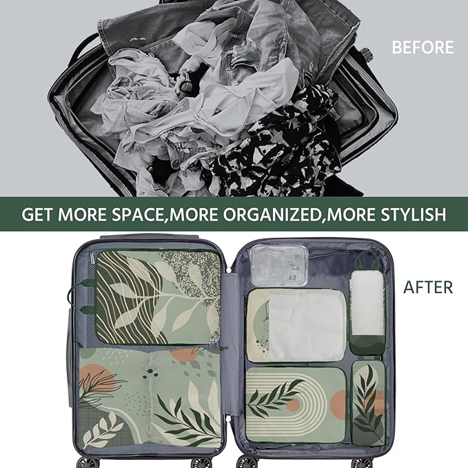 7 Pcs Compression Packing Cubes for Travel, Waterproof Suitcase Luggage Backpack Organizer with Toiletry Bag Travel Essentials for Women/Men-Green Bohemia