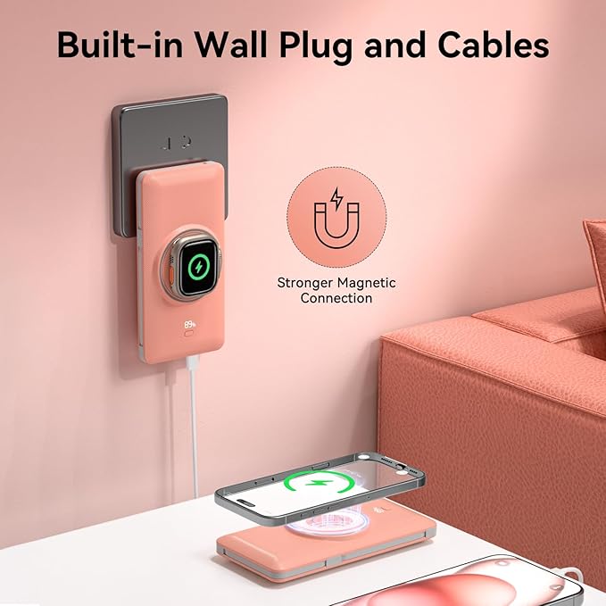 Magnetic 10000mAh Portable Charger for iWatch & iPhone, 22.5W USB C Fast Charging Wireless Power Bank Built-in Cables and Wall Plug, External Travel Battery Pack Compatible with iOS Android Devices