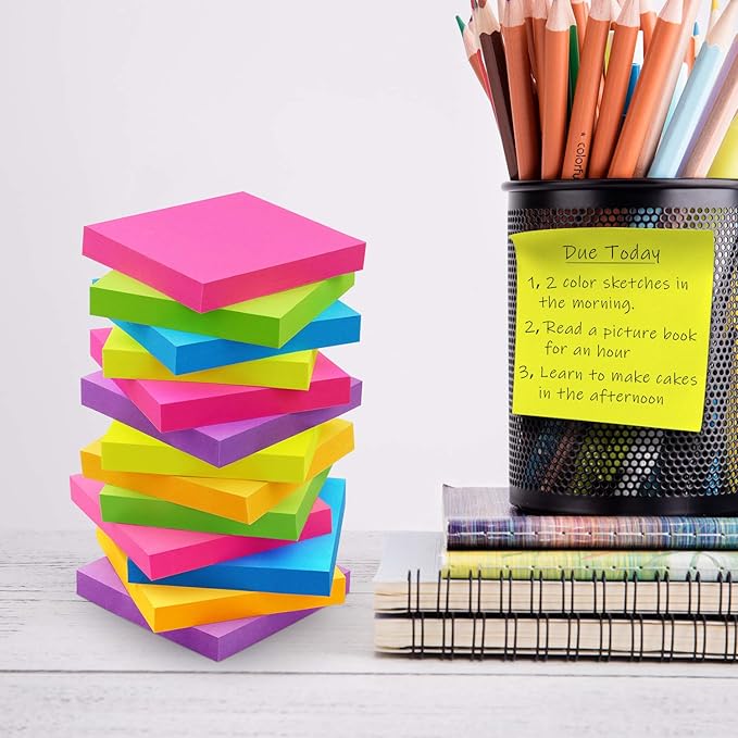 Sticky Notes 3x3 Self-Stick Notes Pads with 6 Bright Colors, Easy to Post for Office, School, Home, 6 Pads/Pack, 100 Sheets/Pad(Standard)