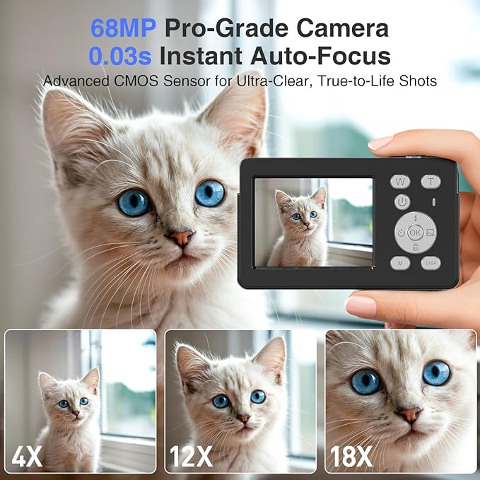 4K Digital Camera, 64MP FHD Autofocus Compact Camera with 32G SD Card with 2.8" Large Screen, 18X Digital Zoom, Portable Mini Camera for Photography, Suitable for Kids,Adult,Beginners