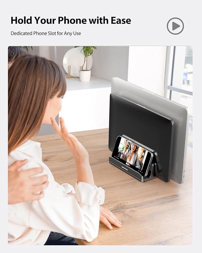 AboveTEK Vertical Laptop Stand, 3 Slots Aluminum Desk Laptop Holder & Laptop Docking Station Stand for MacBook, Tablet, Phone - Universal Fit (Up to 17.3") - Heavy Duty Polished, Anti Slide - Grey