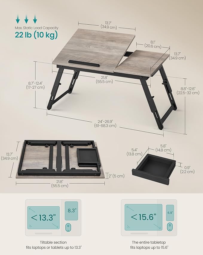 SONGMICS Bed Laptop Desk, Folding Bed Tray for Laptop up to 15.6 Inches, Adjustable Angle and Height, Portable for Working Reading Writing Breakfast, Bamboo Legs, Drawer, Heather Greige ULLD105W01