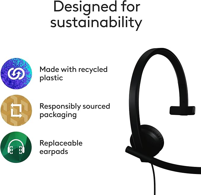 Logitech H570e USB Headset with Microphone for PC and Mac, USB-C Wired Headset with Mono Sound, Noise-Canceling Mics and Inline Controls, Certified for Microsoft Teams, Black