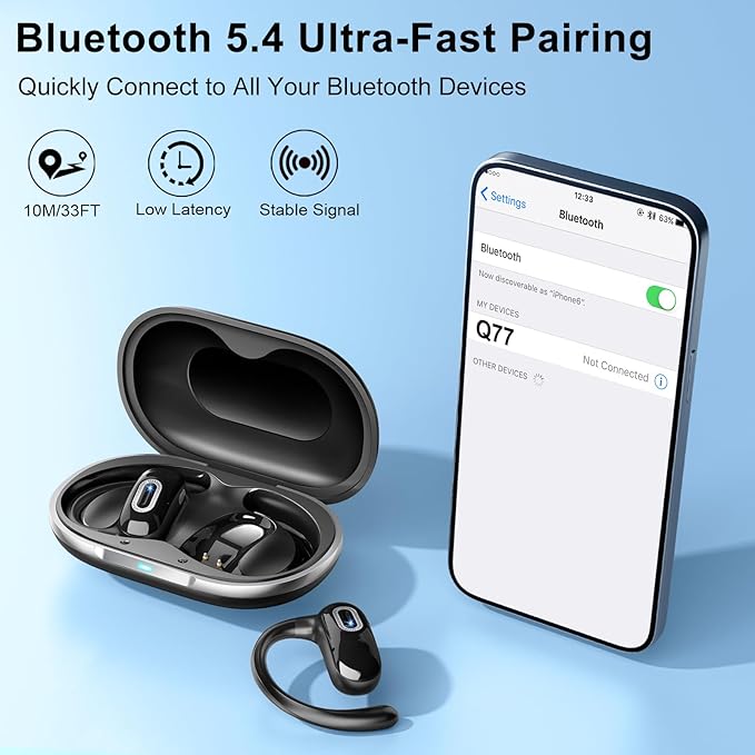 Open Ear Headphones, Bluetooth 5.4 Earbuds, 50H, Air Conduction Ear Buds, HD Stereo Bass Over Ear Earphones with Earhooks, Ultra-Comfort Secure Fit, IPX7 Waterproof Headset for Working Sports