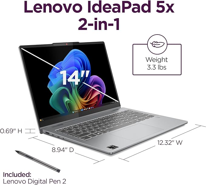 Lenovo IdeaPad 5X 2-in-1 Copilot+ Extra-Long Battery Life 14" WUXGA FHD+ OLED Touch Display 16GB Memory 512GB Storage Snapdragon X Plus 8-core Processor Windows 11 Home, Pen Included, Luna Gray