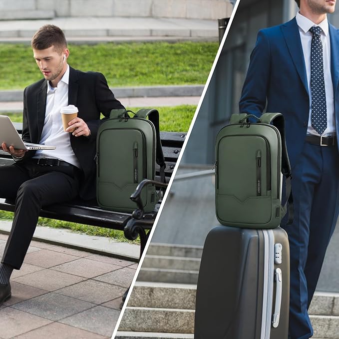 hk Backpack for Men Business Slim Backpack with USB Charger Computer Lightweight Anti-theft Travel (Green, 15.6 Inch)